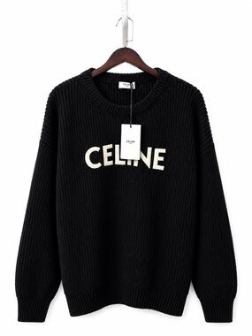 Celine Black Crewneck Sweater with Cream Logo